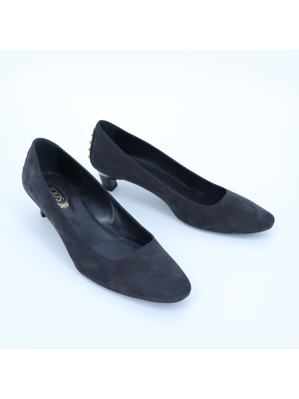 TOD'S Studded Suede Pumps Black and Gold Kitten Heel Women's 38/US 8